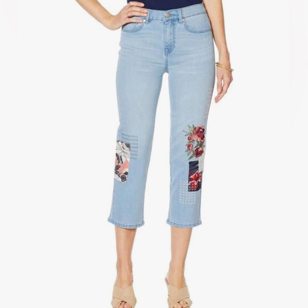 Diane Gilman Cropped Embroidered Jeans Women’s Size 10 Stretch Light Wash DG2 - Picture 3 of 17